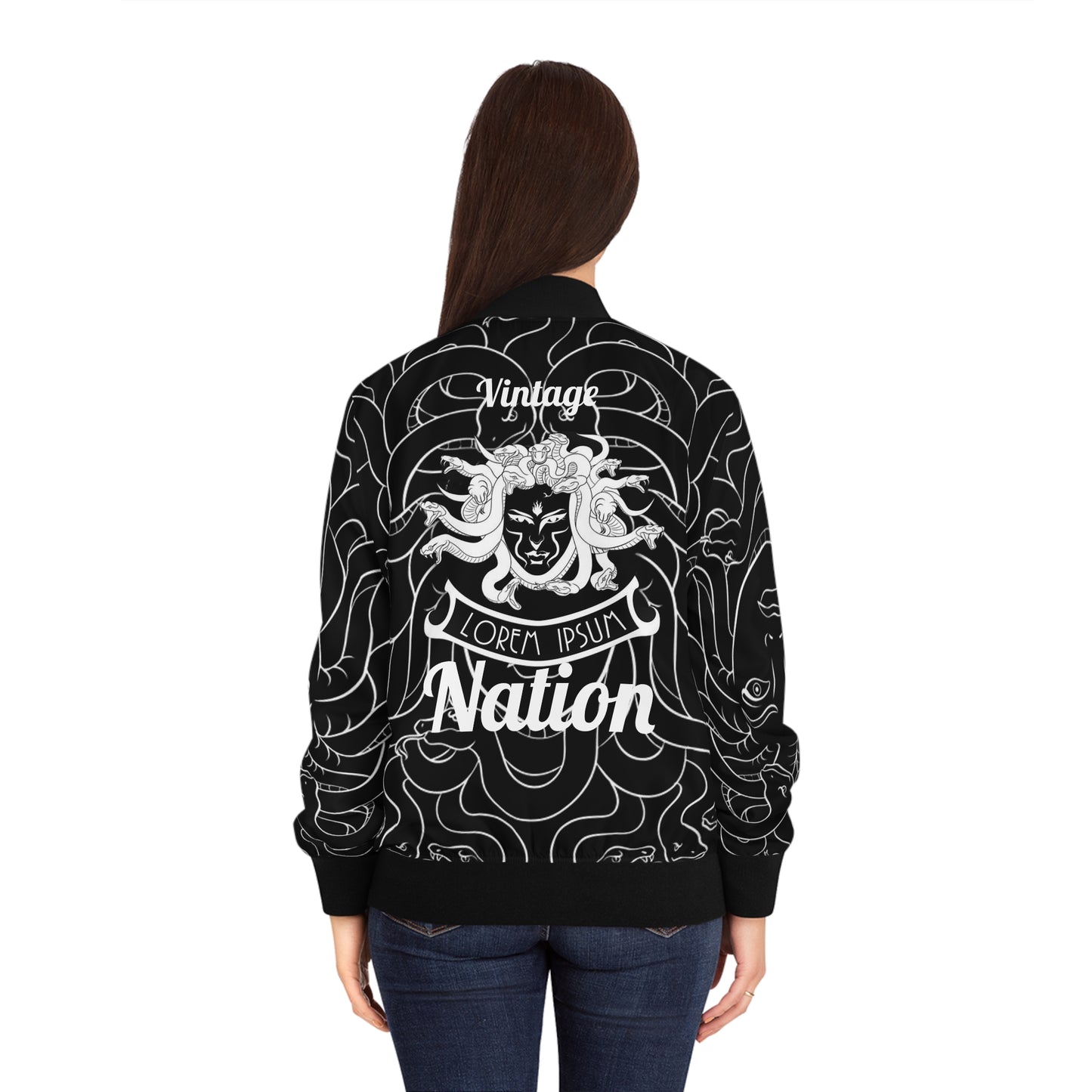 Women's Black/White Madusa Bomber Jacket (AOP)