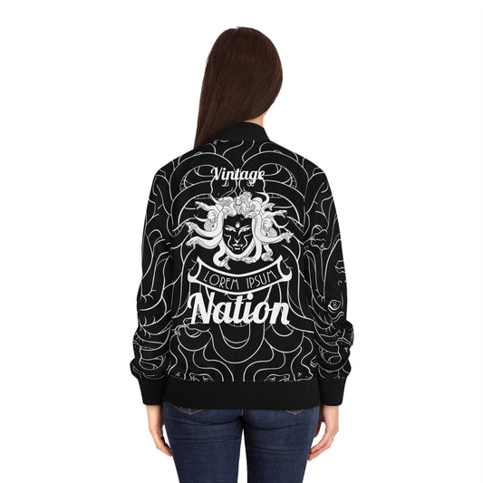Women's Black/White Madusa Bomber Jacket (AOP)