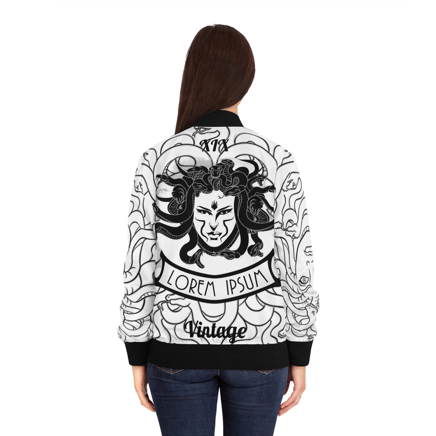 Women's Black on White Madusa Bomber Jacket (AOP)