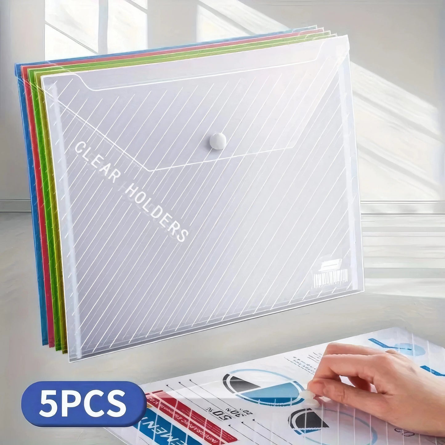 5 Color Transparent Folding File Bags, Large Capacity, Durable, Suitable for Documents, Office Supplies, and School Supplies