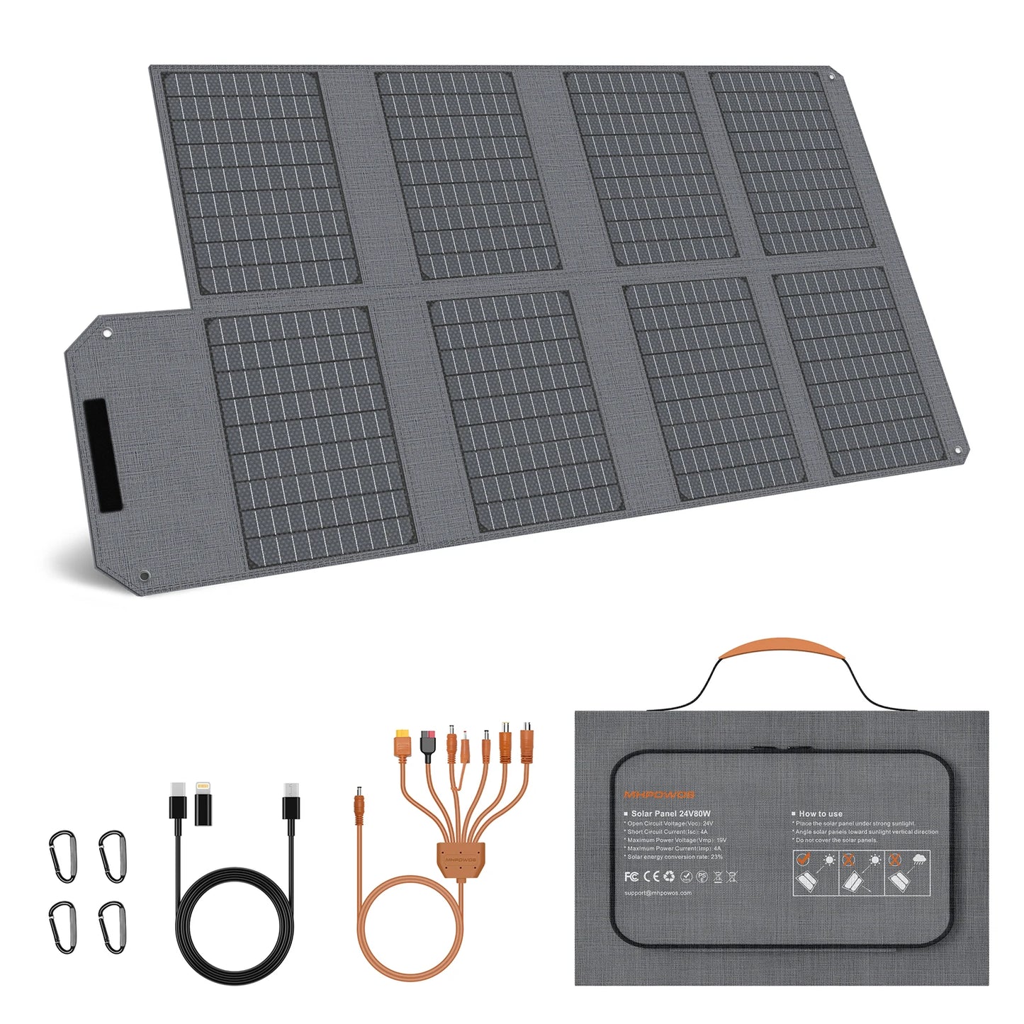 MHPOWOS 80W Foldable Solar Panel, Portable Power Supply with 4 Ports (DC/USB-C/2xUSB-A) & 7-in-1 Connector for Emergency Backup