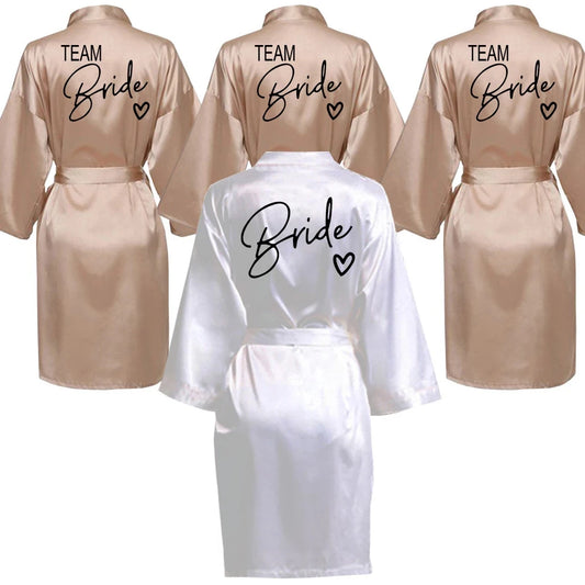 Wedding Party Team Bride Robe With Black Kimono Satin Bridesmaid Bathrobe