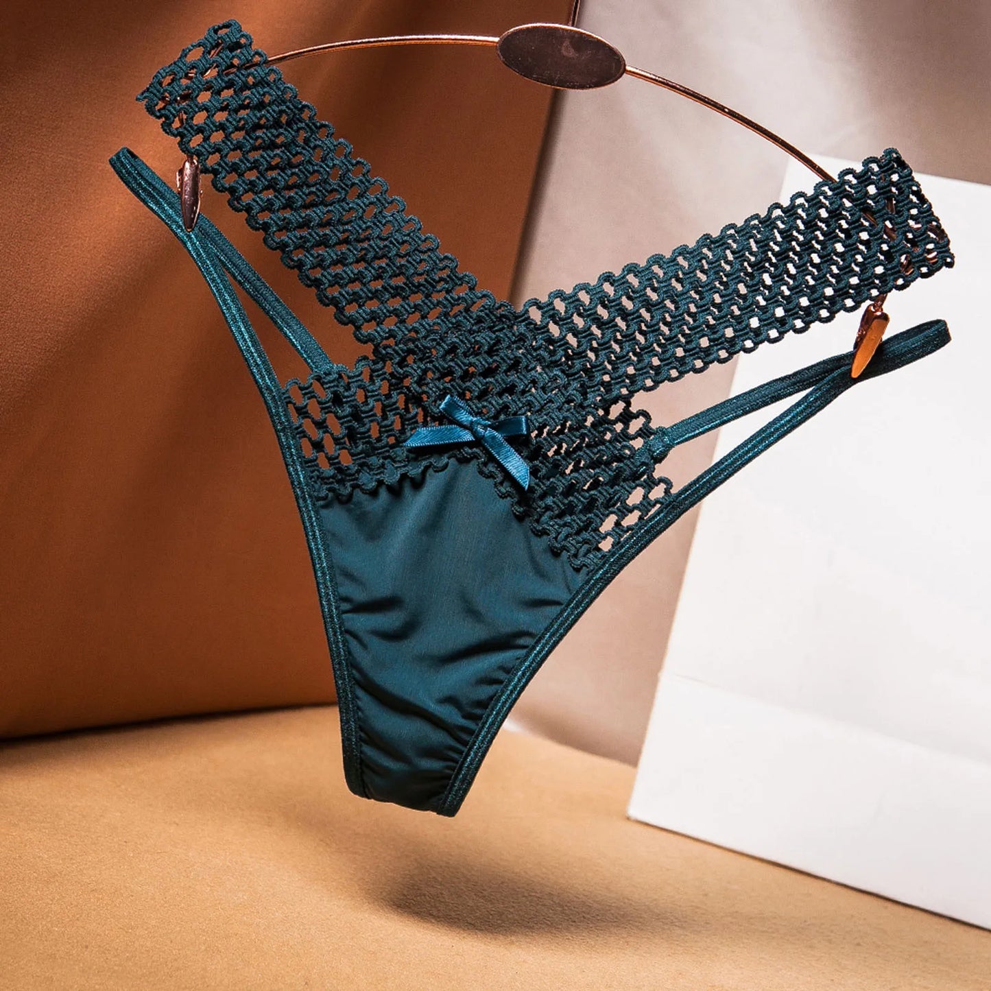Fashion Low Waist Hollow Out Thongs French Style Bowknot Satin Silk Panties Solid Color Underwear Women Mesh Briefs Daily