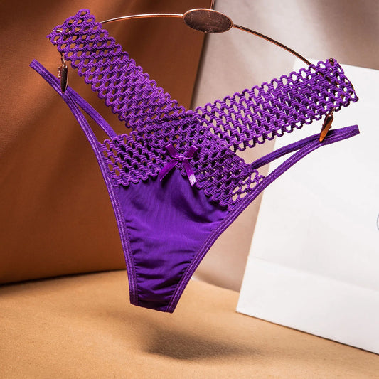 Fashion Low Waist Hollow Out Thongs French Style Bowknot Satin Silk Panties Solid Color Underwear Women Mesh Briefs Daily