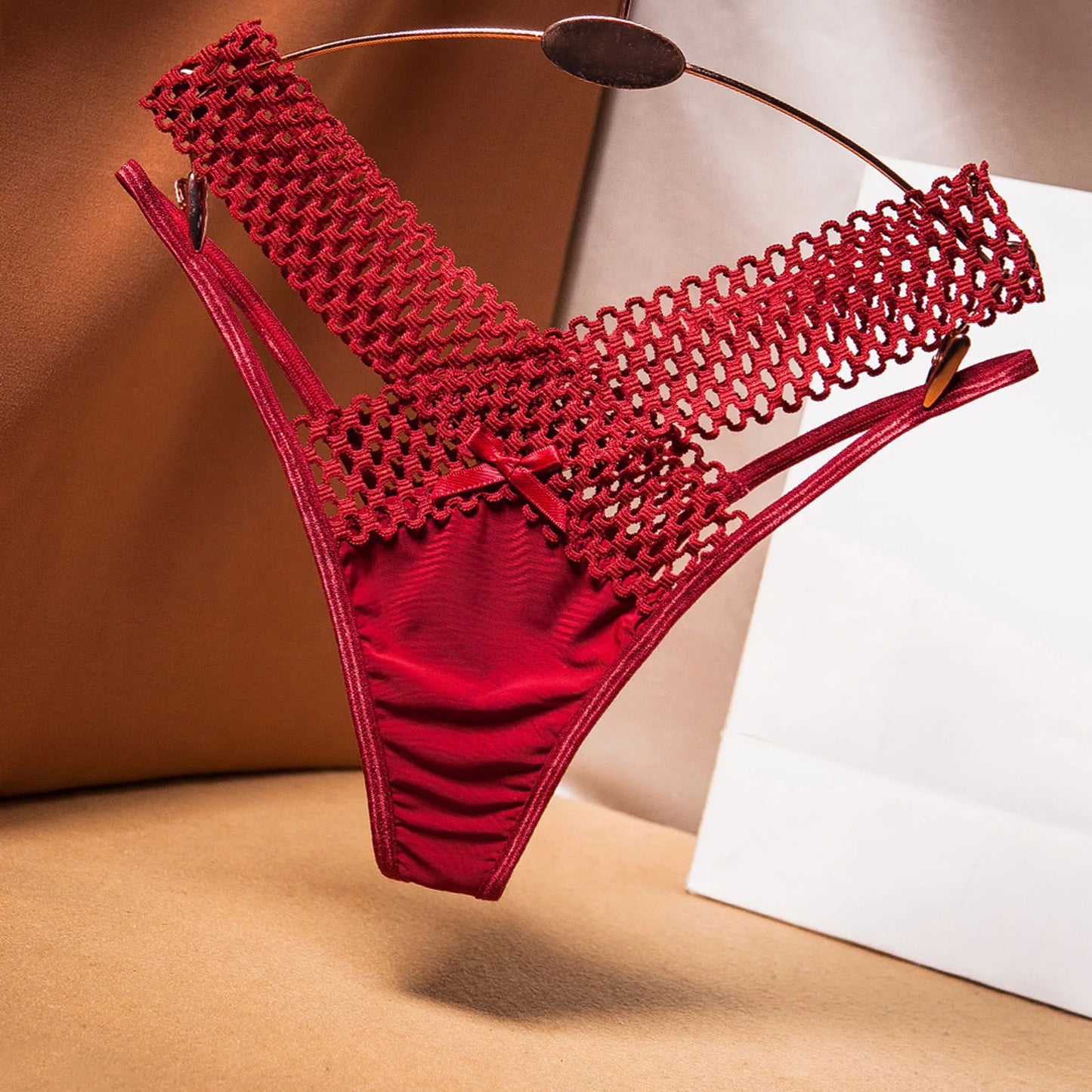 Fashion Low Waist Hollow Out Thongs French Style Bowknot Satin Silk Panties Solid Color Underwear Women Mesh Briefs Daily