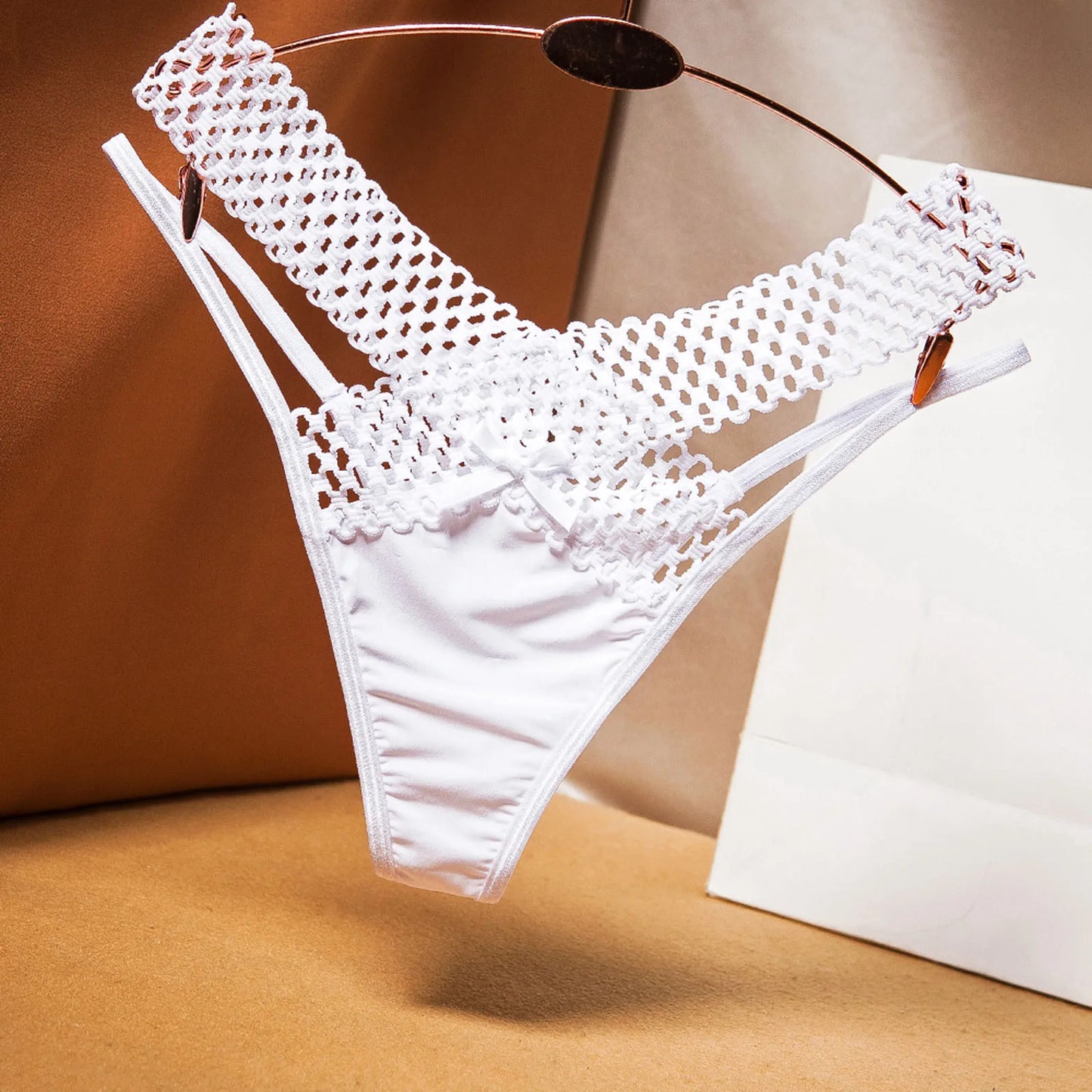 Fashion Low Waist Hollow Out Thongs French Style Bowknot Satin Silk Panties Solid Color Underwear Women Mesh Briefs Daily