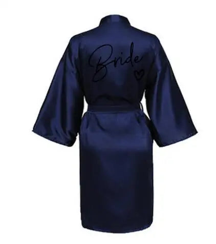 Wedding Party Team Bride Robe With Black Kimono Satin Bridesmaid Bathrobe