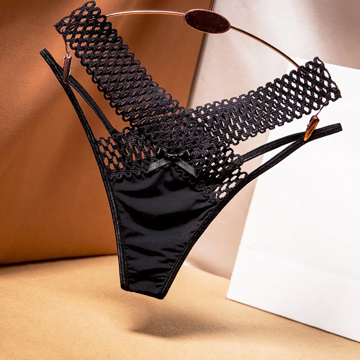 Fashion Low Waist Hollow Out Thongs French Style Bowknot Satin Silk Panties Solid Color Underwear Women Mesh Briefs Daily