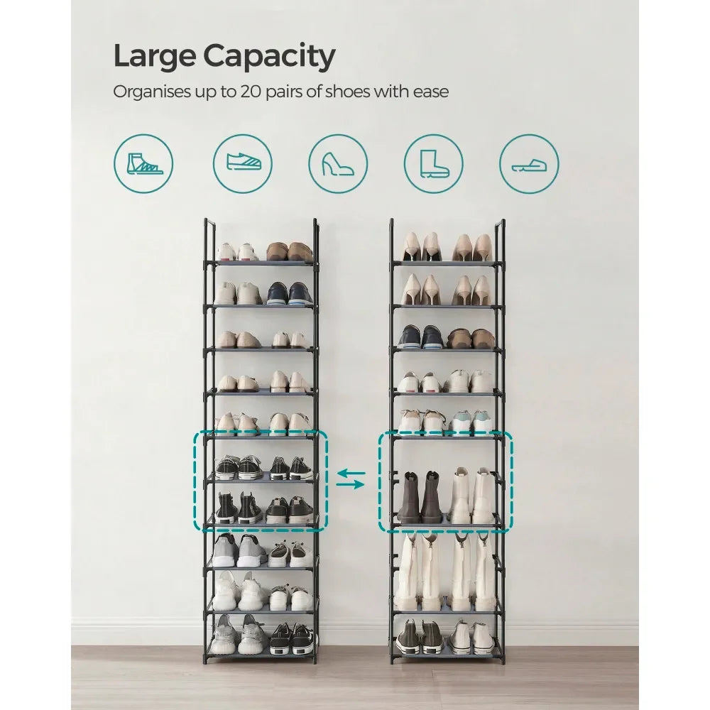 Tall 10 Layer Shoe Shelf, NonWoven Fabric Shoe Organizer with Metal Frame, Home Space-Saving Storage