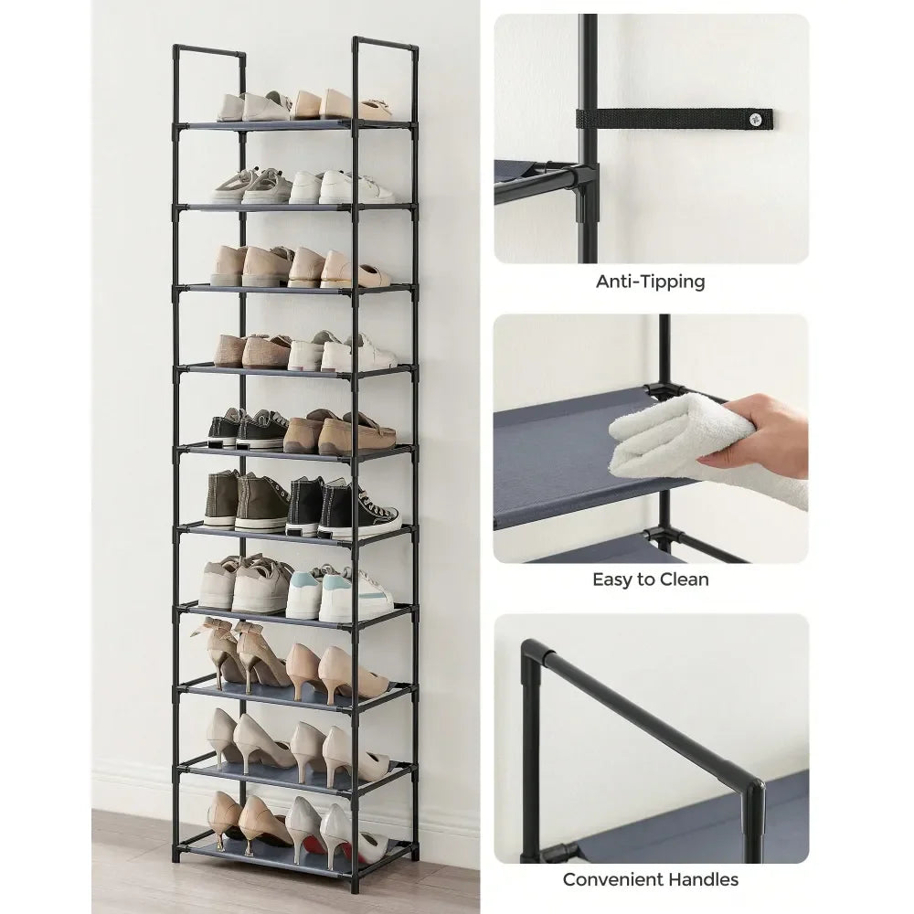 Tall 10 Layer Shoe Shelf, NonWoven Fabric Shoe Organizer with Metal Frame, Home Space-Saving Storage